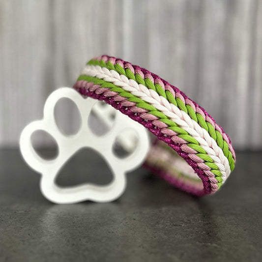 Das Halsband aus Paracord in den Farben pink, rosa, grün und weiß lehnt an einer Hundepfote aus Gips.